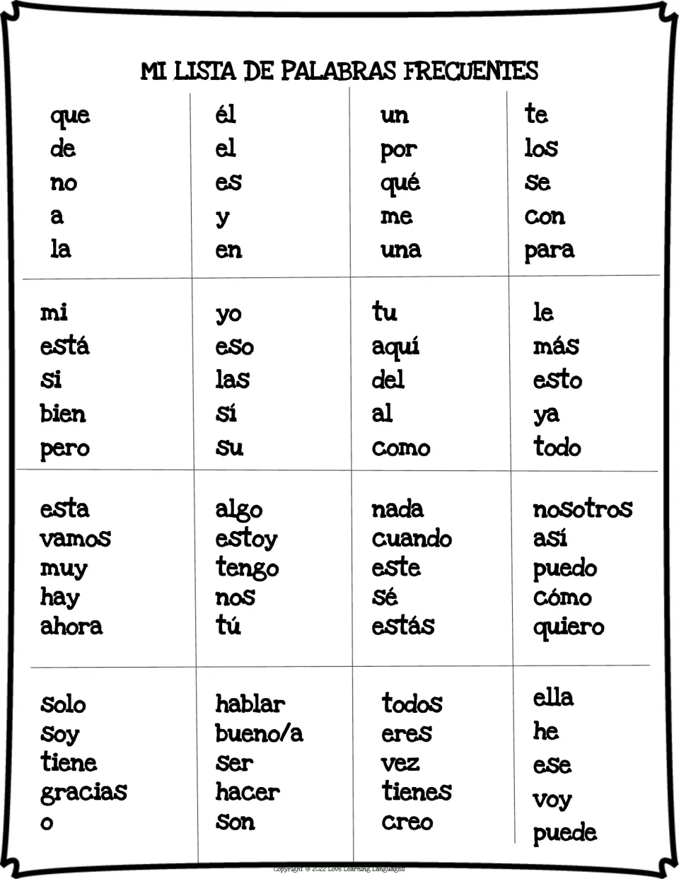 Vocabulary booklet frequent-word reference includes que, de, no, hay (there is/are), and puedo (I can)