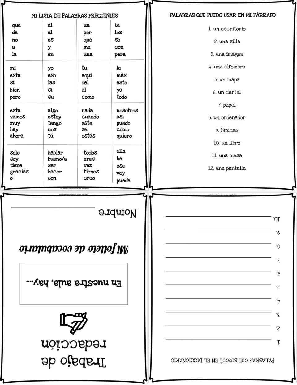 Foldable vocabulary booklet sheet combines the classroom cover, dictionary log, and two word references