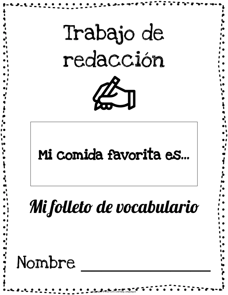 Vocabulary booklet cover for “Mi comida favorita es...” (My favorite food is...), with a name space