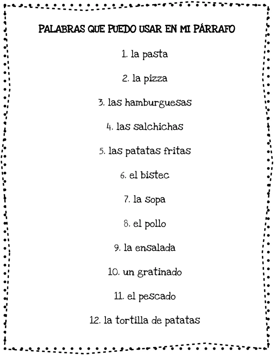 Vocabulary booklet food list: 12 Spanish terms, including la pasta (pasta), la sopa (soup), and el pollo (chicken)