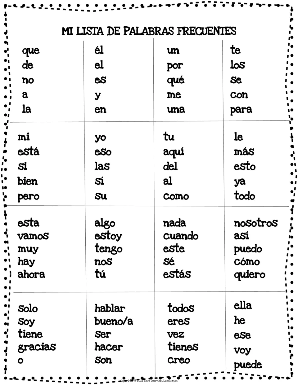 Vocabulary booklet reference of 80 frequent Spanish words, including yo (I), aquí (here), and gracias (thank you)