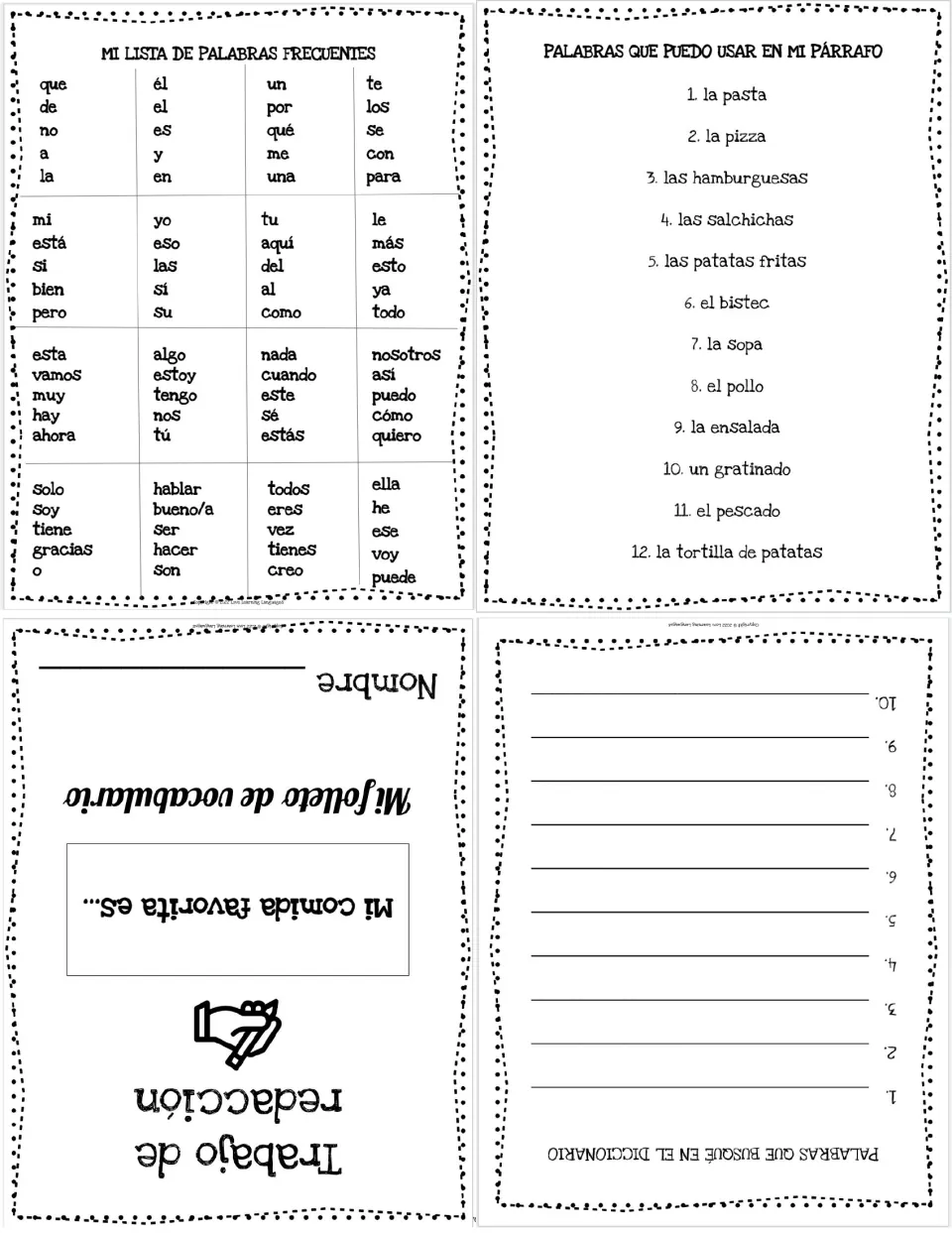 Vocabulary booklet folding sheet combining the favorite-food cover, 12 food terms, frequent words, and dictionary record