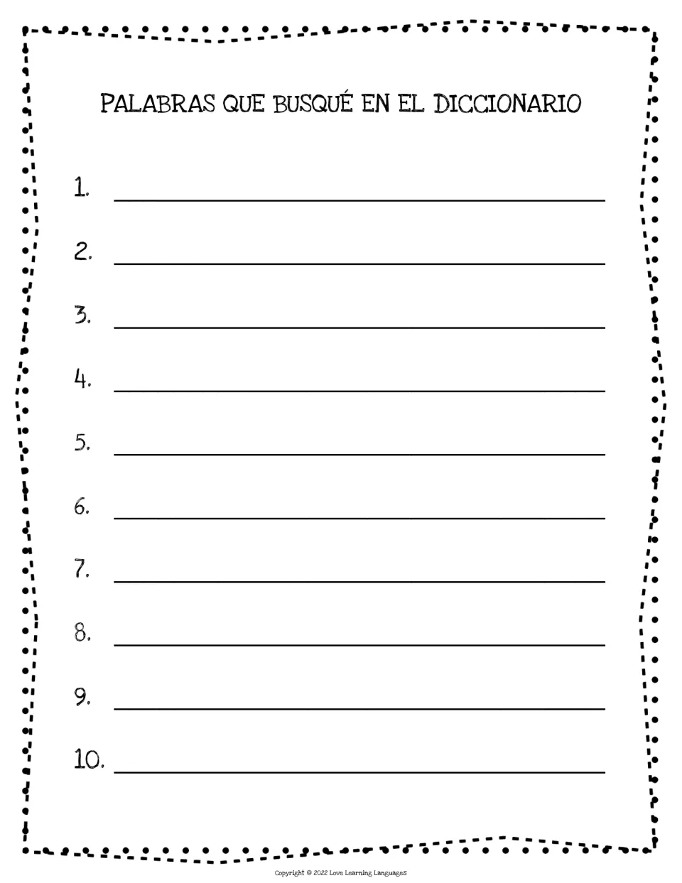 Spanish vocabulary booklet dictionary log for recording 10 words under "Palabras que busqué en el diccionario".