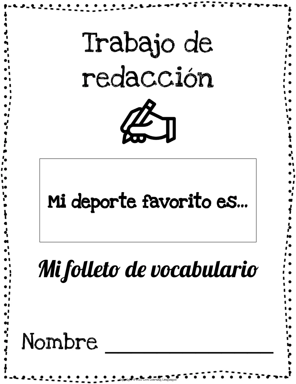 Vocabulary booklet cover: "Mi deporte favorito es..." (My favorite sport is...), with a place for a name.