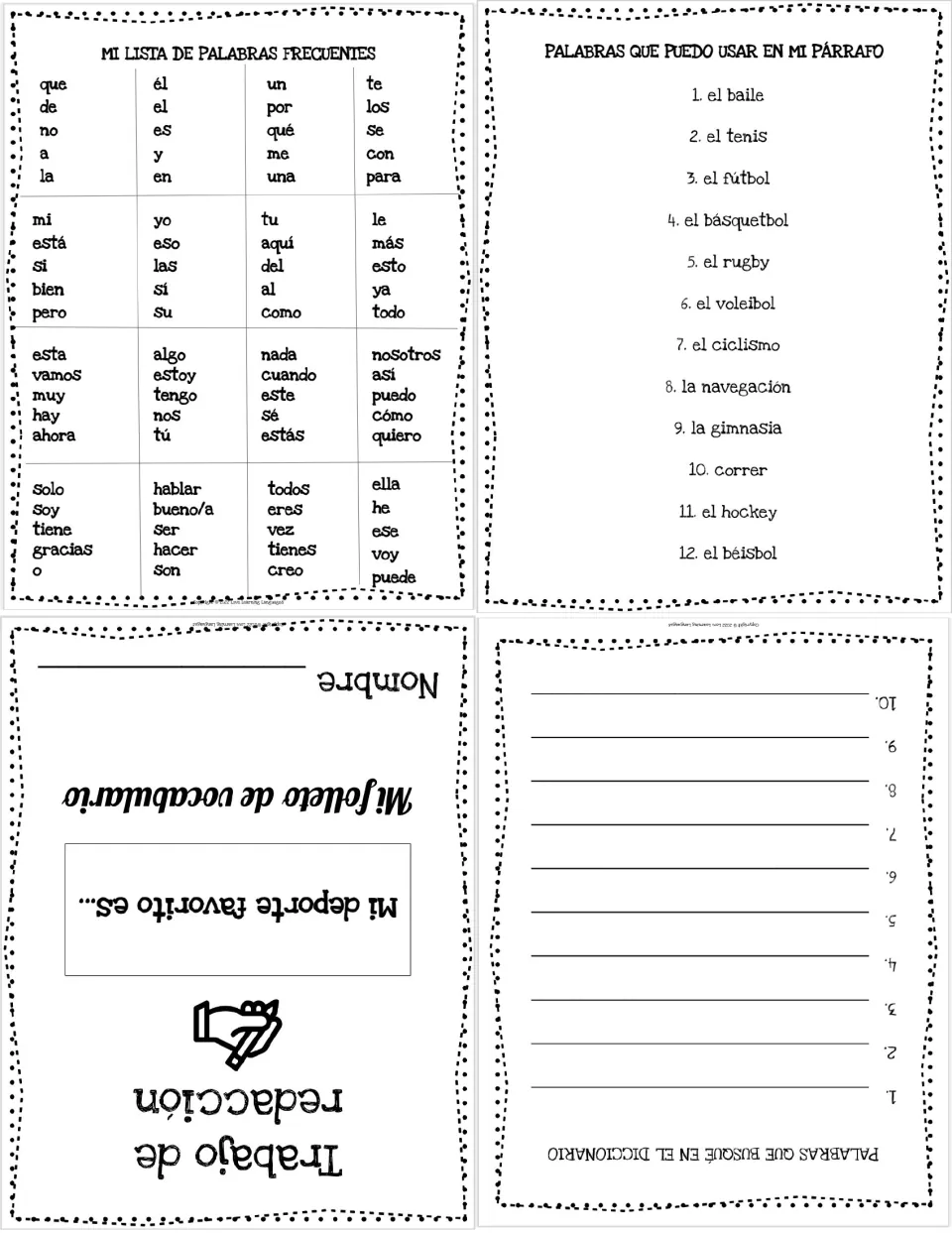 Four-part printable vocabulary booklet sheet combining the cover, 12 sports terms, common words, and dictionary log.