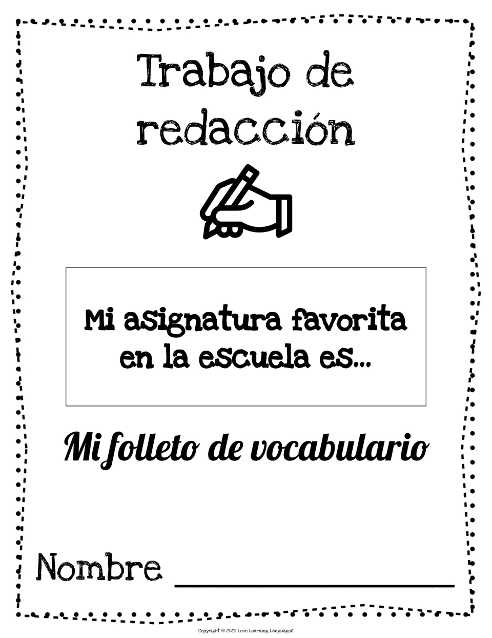 Vocabulary booklet cover: 'Mi asignatura favorita en la escuela es...' (my favorite subject at school is...)