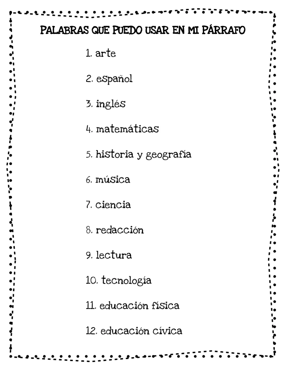 Vocabulary booklet word bank: 12 school subjects, including arte (art), español (Spanish) and inglés (English)
