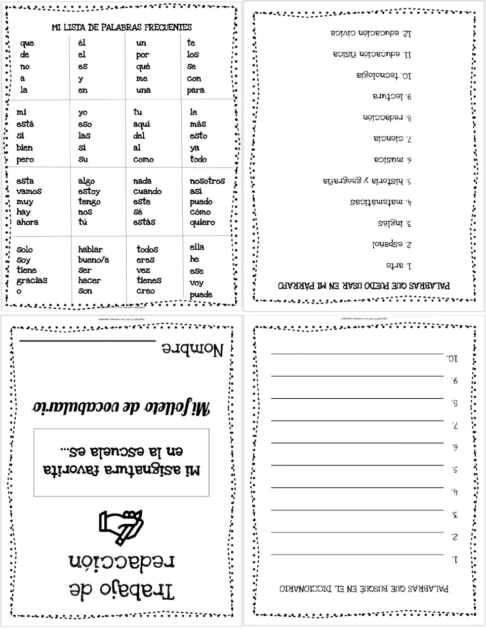Vocabulary booklet printed four pages per sheet: cover, 12 school subjects, frequent words and dictionary log