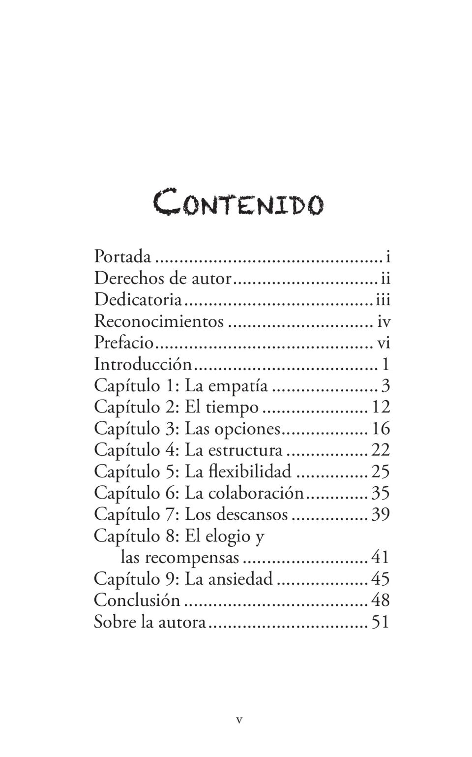 Contents of the Spanish homework guide list nine chapters, from empathy and time to praise, rewards, and anxiety
