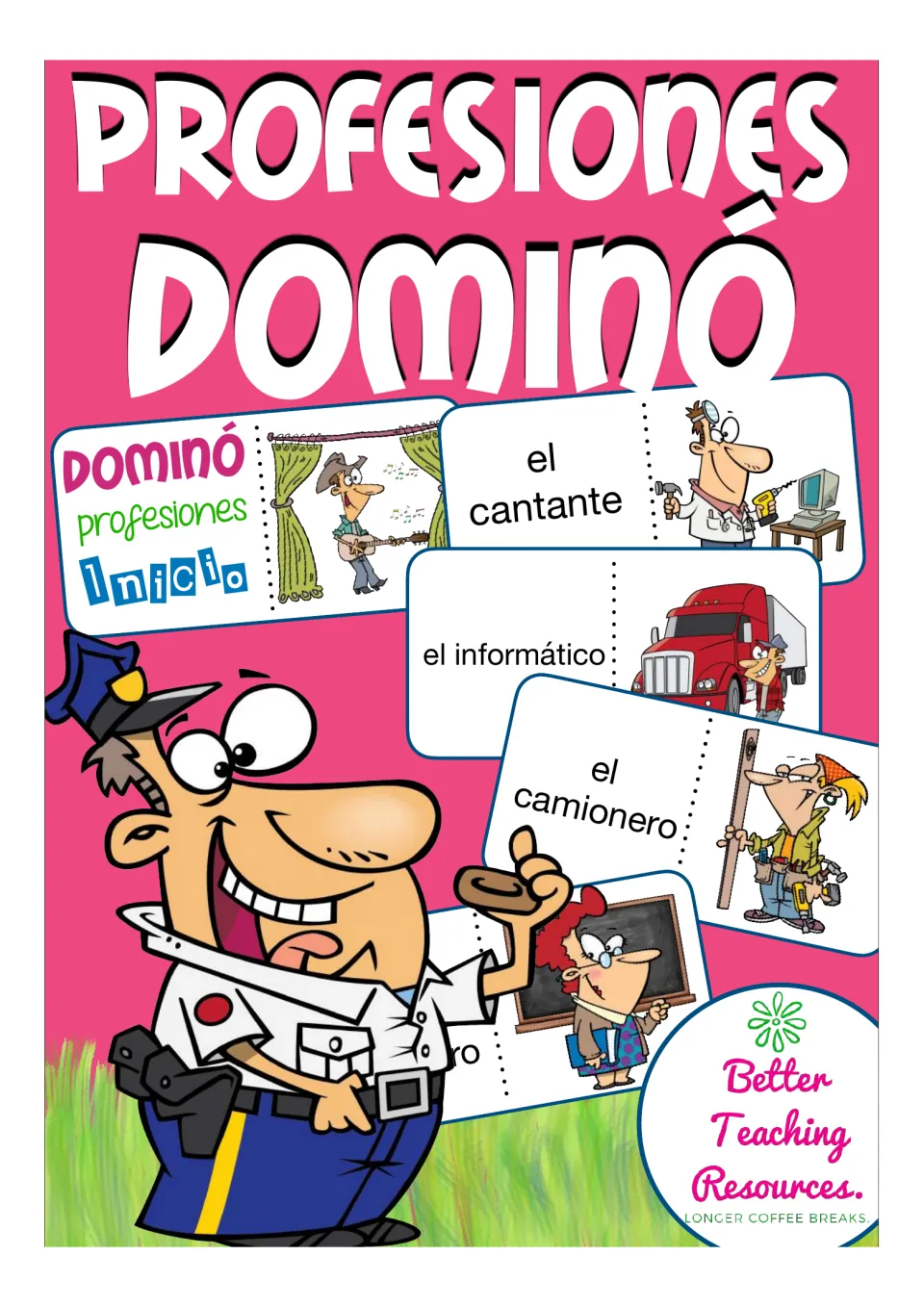 Profesiones Dominó cover: Spanish job domino cards like el cantante and el camionero, with a cartoon police officer