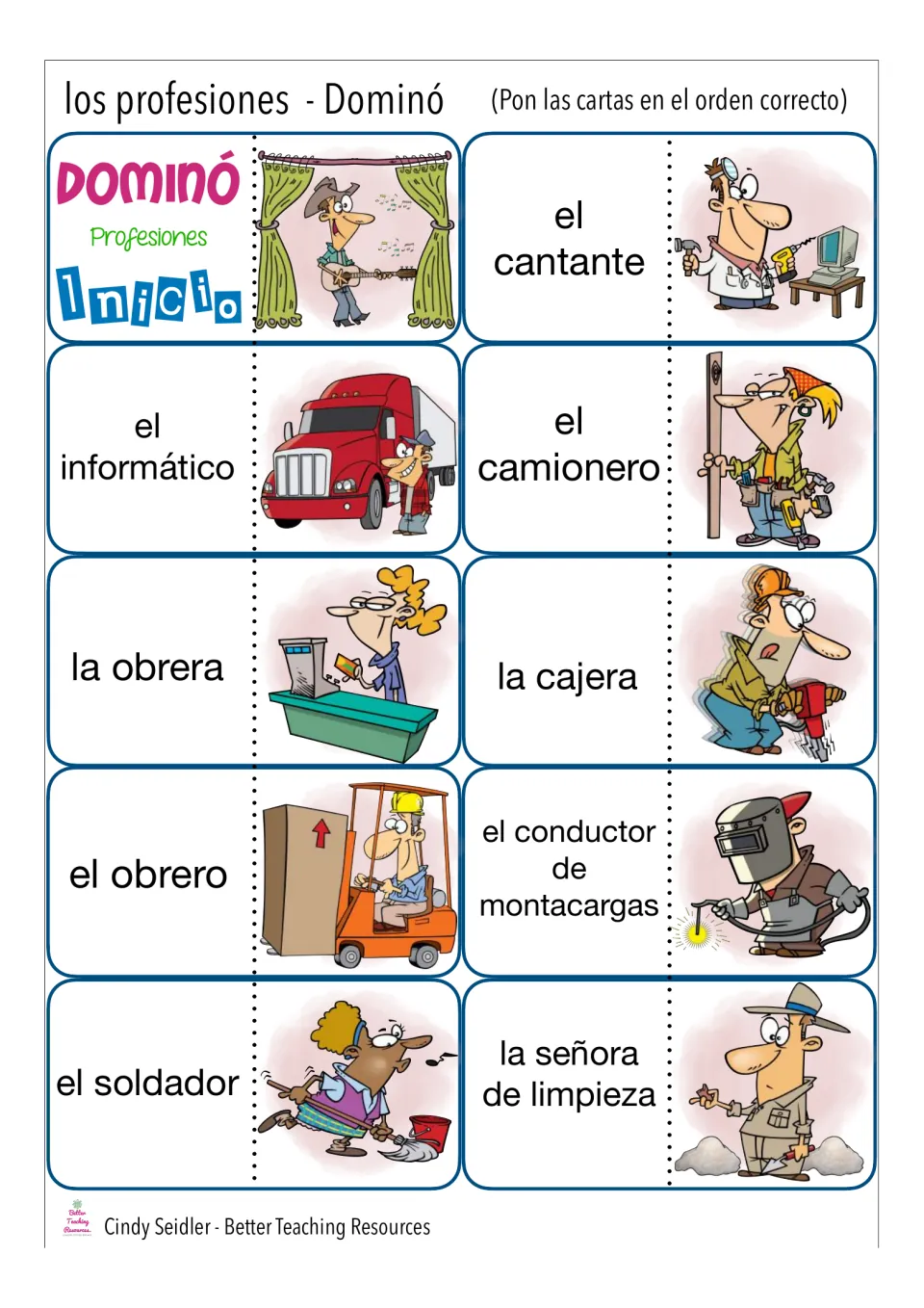 Spanish job dominoes: students match words like el cantante and la cajera to the next card's picture, from Inicio