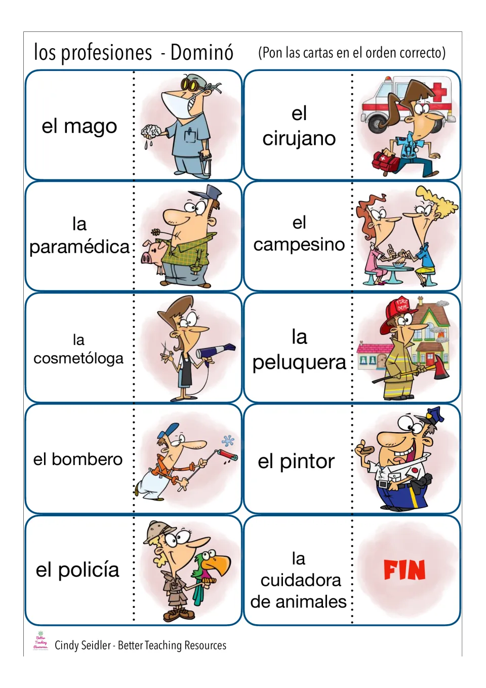 Final Spanish job dominoes: el mago, el cirujano, la peluquera, el bombero, el policía, ending on a Fin card