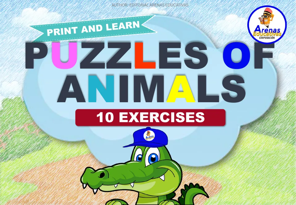 Animal shape-puzzle resource cover titled 'Puzzles of Animals,' with 'Print and Learn' and '10 Exercises'