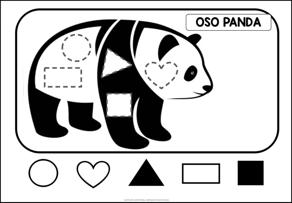 Animal puzzle labeled 'OSO PANDA' (panda bear), with circle, heart, triangle, rectangle and square pieces
