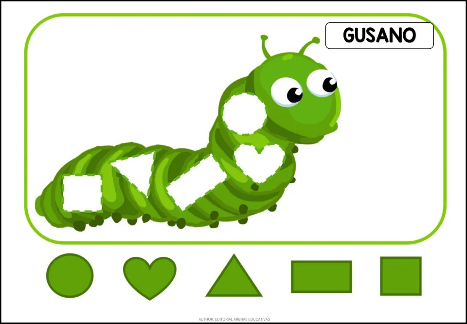Animal puzzle labeled 'GUSANO' (worm), with five shape openings and green circle, heart and three more pieces