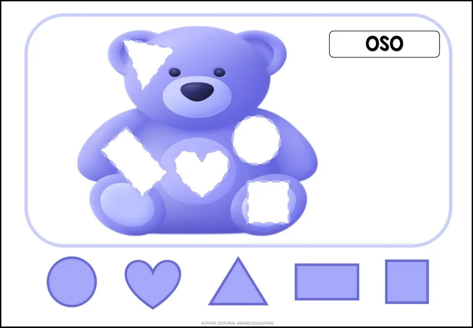 Animal puzzle labeled 'OSO' (bear), with a purple teddy bear and five shapes to match to its openings