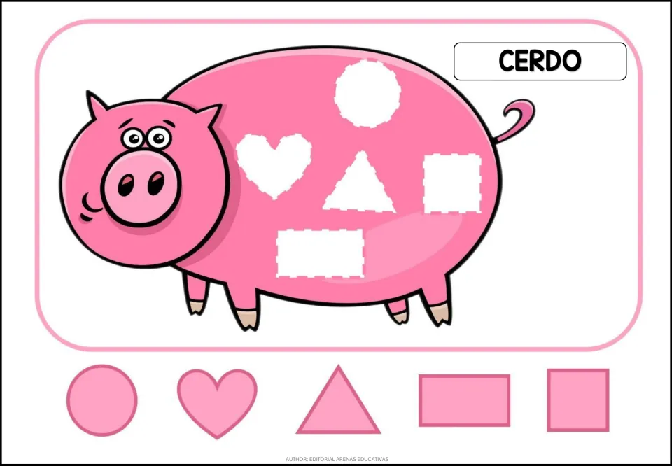 Animal puzzle labeled 'CERDO' (pig), with circle, heart, triangle, rectangle and square pieces in pink
