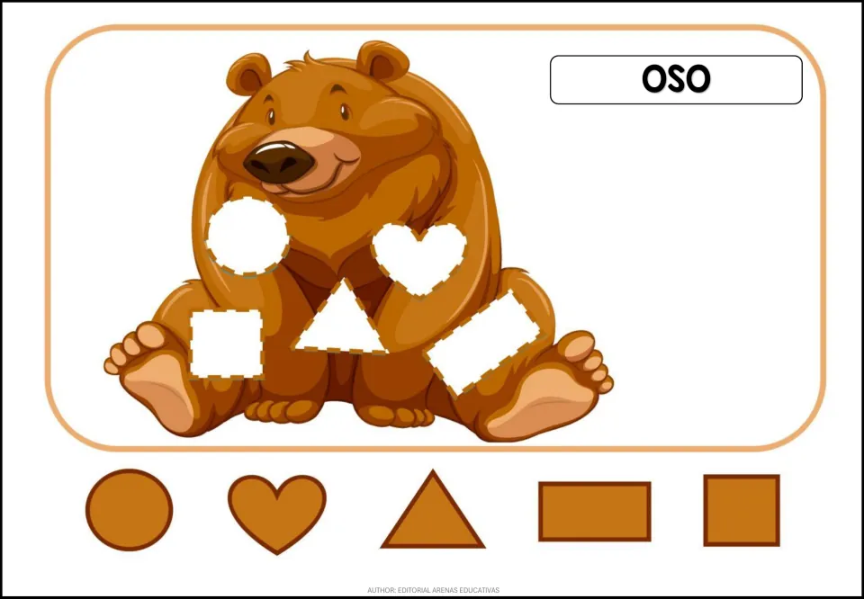 Animal puzzle labeled 'OSO' (bear), with a seated brown bear and five shapes to match to its openings