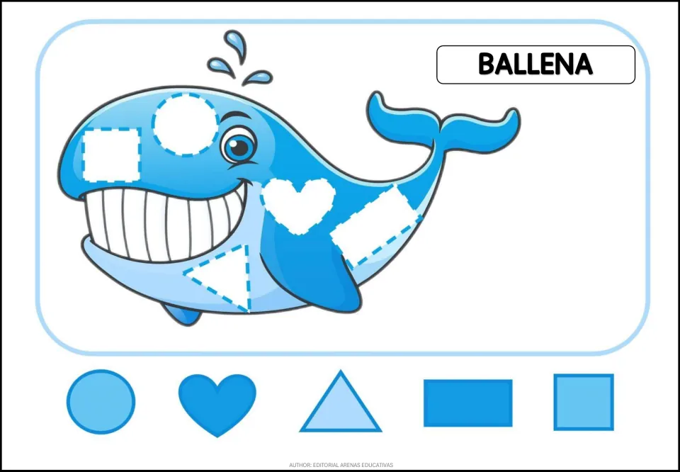 Animal puzzle labeled 'BALLENA' (whale), with five openings and blue circle, heart and three more pieces
