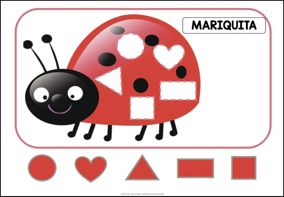 Animal puzzle labeled 'MARIQUITA' (ladybug), with five shape openings and matching red pieces below