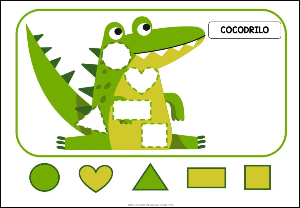 Animal puzzle labeled 'COCODRILO' (crocodile), with five shape openings and green and yellow matching pieces