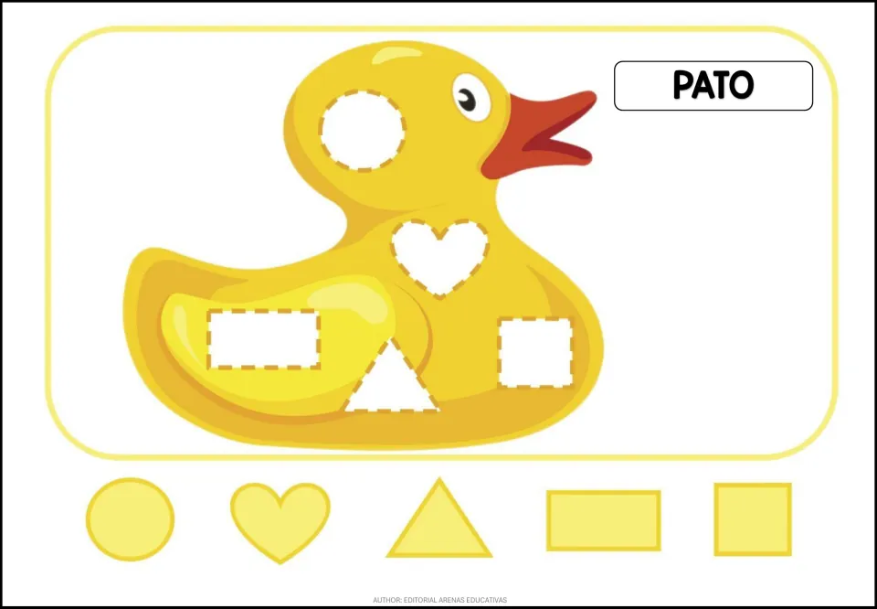 Animal puzzle labeled 'PATO' (duck), with circle, heart, triangle, rectangle and square pieces in yellow