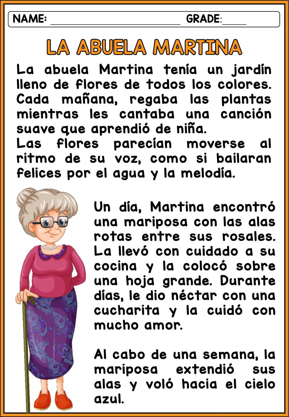 Spanish story 'La abuela Martina' (Grandma Martina): a grandmother cares for a butterfly with broken wings