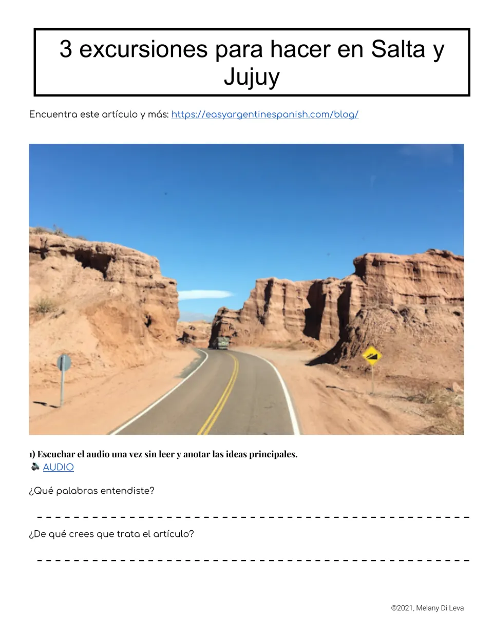 Opening listening activity about Salta and Jujuy excursions, with an audio link and two prediction prompts.