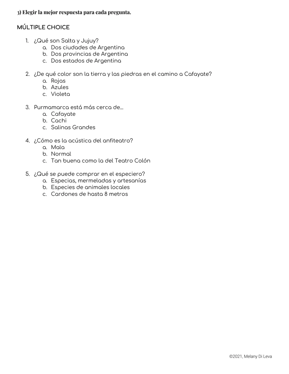 Five multiple-choice questions on Salta and Jujuy, red rocks, Salinas Grandes, acoustics, and local goods.