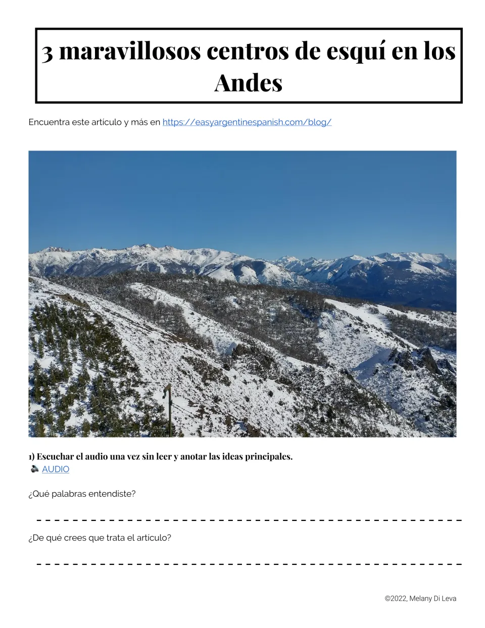 Opening listening activity for a Spanish lesson on three Andes ski resorts, with two pre-reading questions.