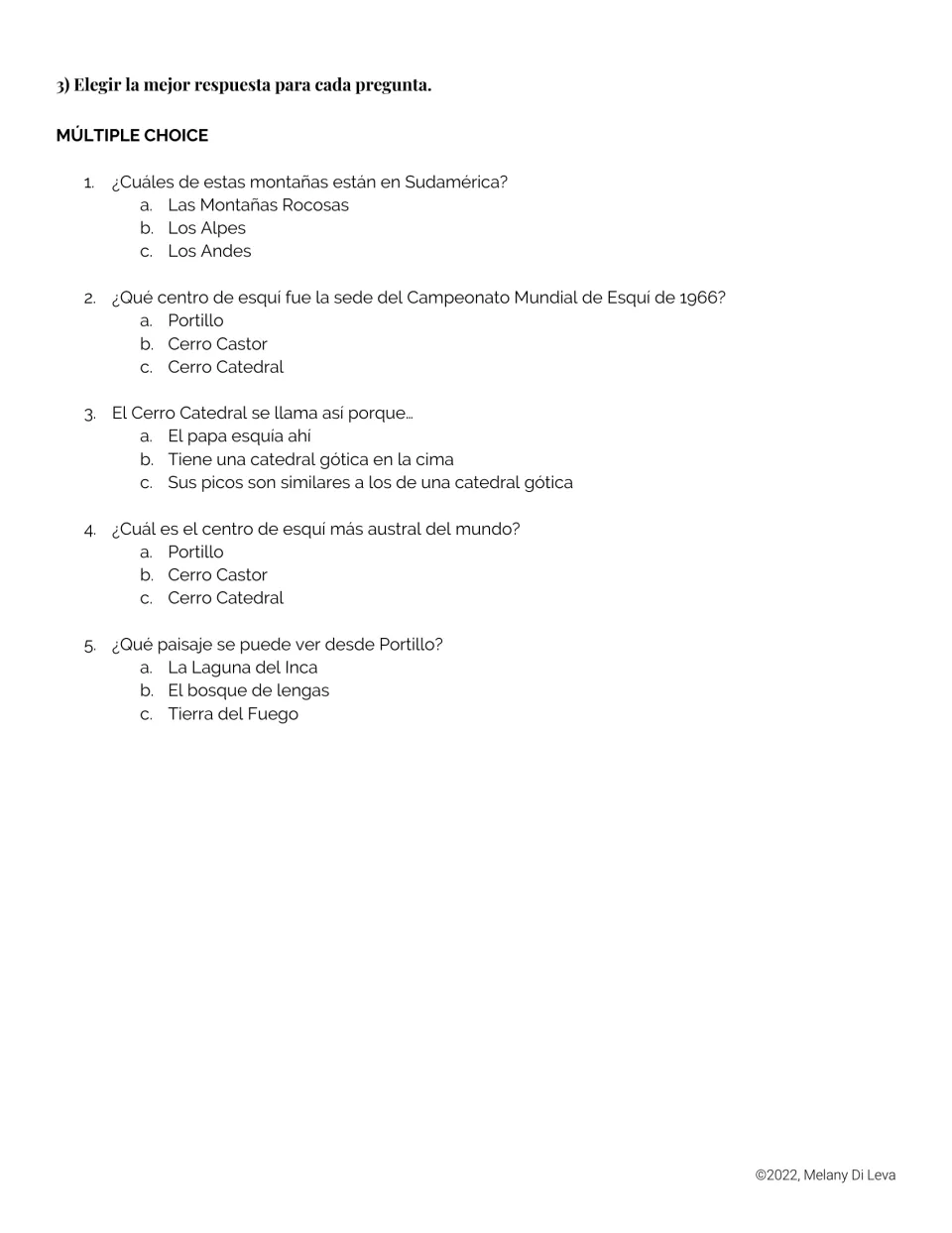 Five Spanish multiple-choice questions on the Andes, ski resort history, mountain names, and scenery.
