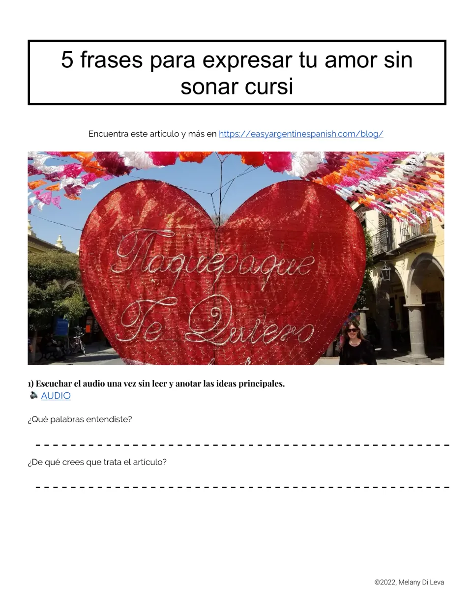 Opening listening activity: identify words and predict the topic of five Spanish phrases for expressing love.