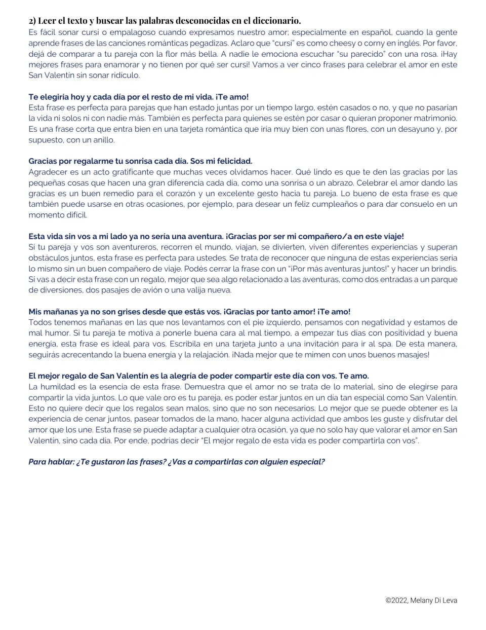 Spanish reading passage explains five phrases for expressing love, followed by two personal response questions.