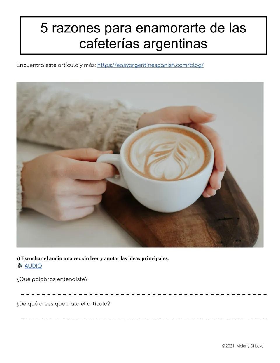 Opening listening activity about Argentine coffee shops asks students to note words and predict the topic.