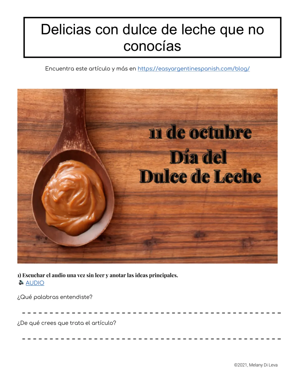 Spanish listening activity on dulce de leche: identify familiar words and predict the article's topic