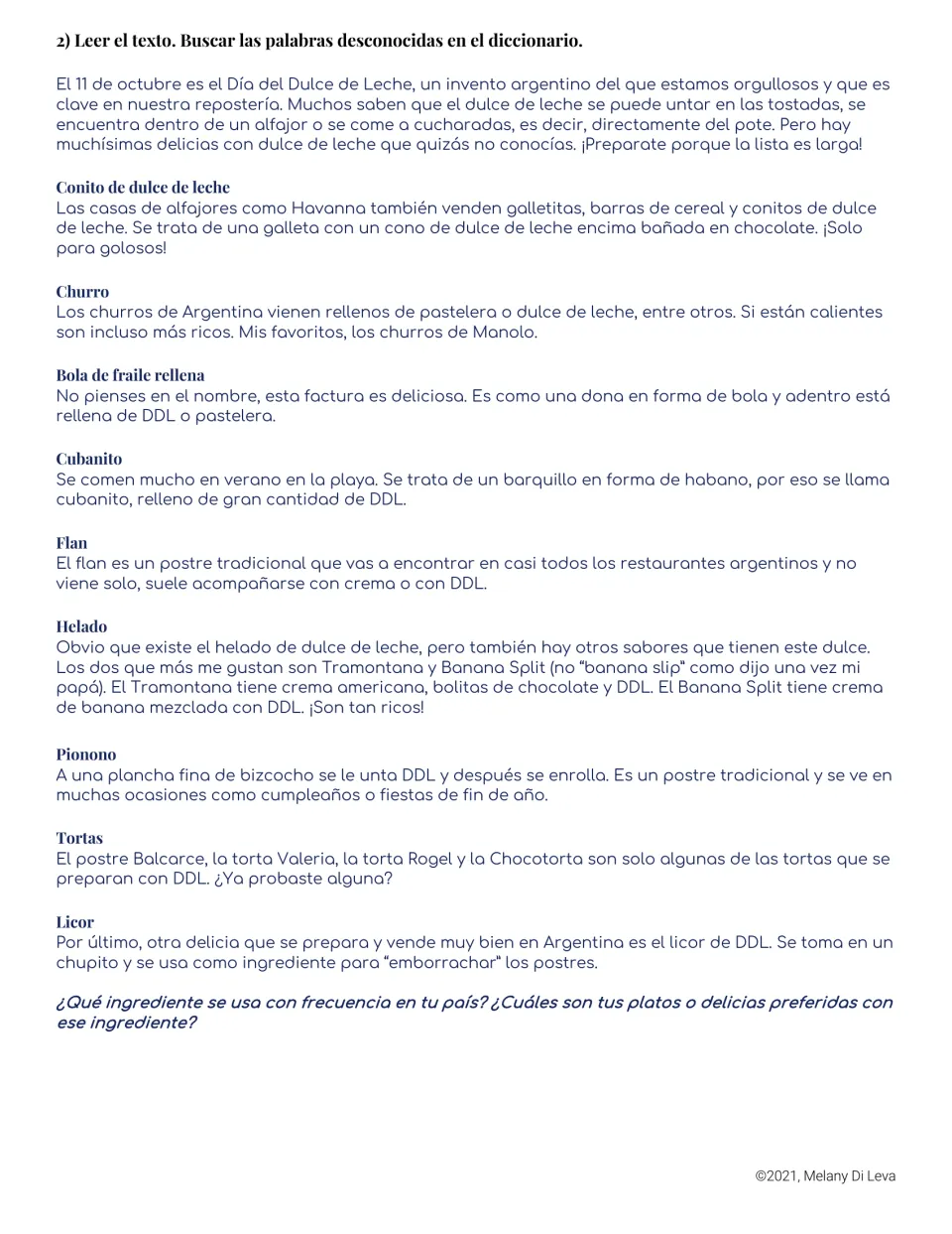 Spanish reading passage about nine dulce de leche treats, followed by questions about foods in your country