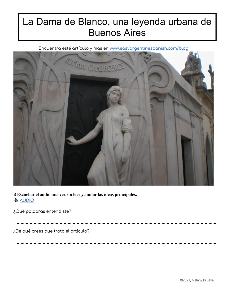 Spanish listening activity on the Lady in White legend, with prompts for words heard and topic predictions