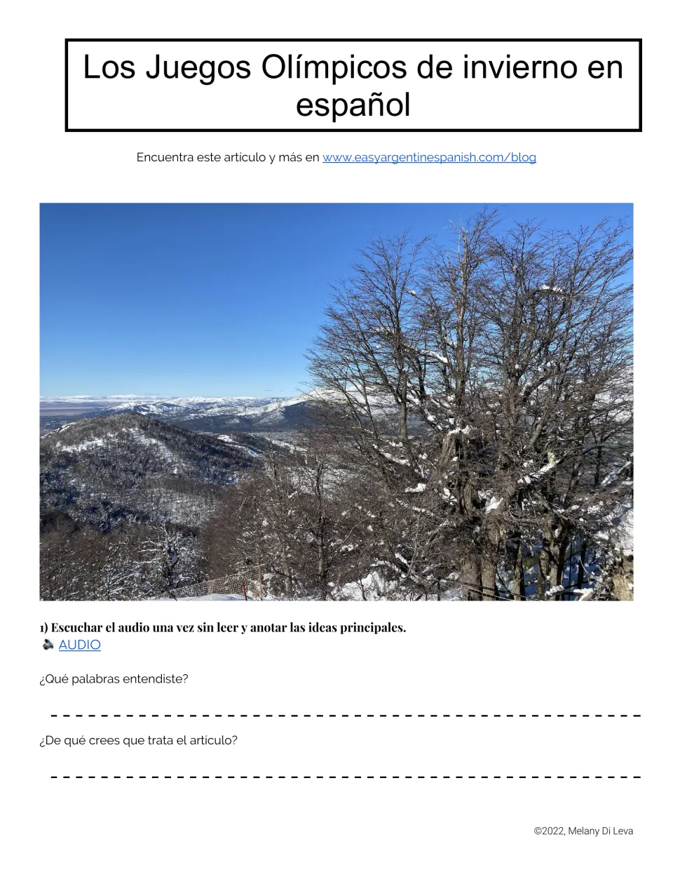 Opening listening activity: identify Spanish words and predict the topic of an audio about the Winter Olympics.