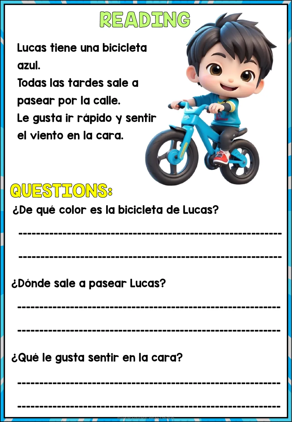 Spanish reading passage about Lucas and his blue bicycle, with three questions about its color, route, and wind.