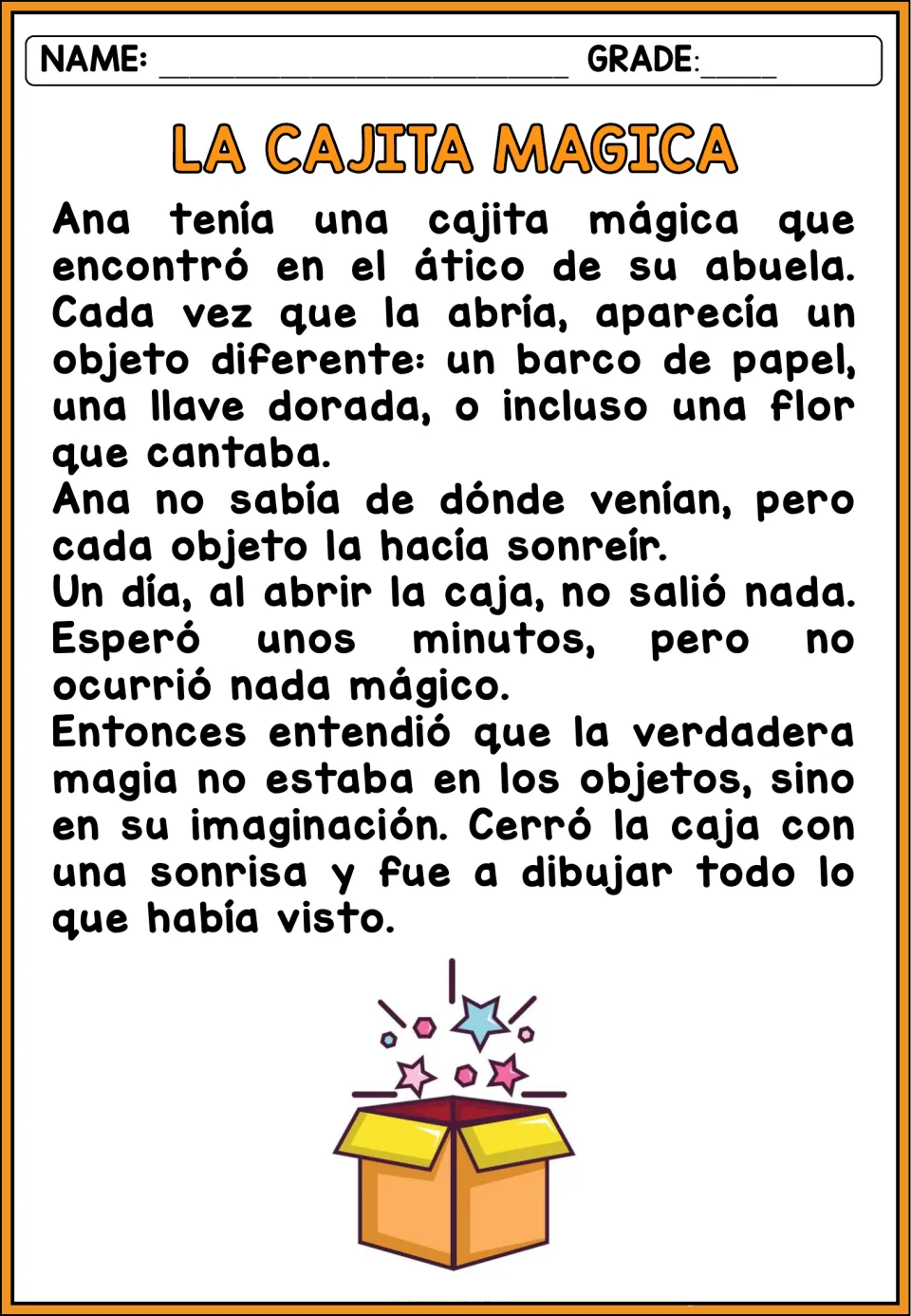 Spanish story La cajita mágica (The Little Magic Box): Ana finds a box and discovers her imagination