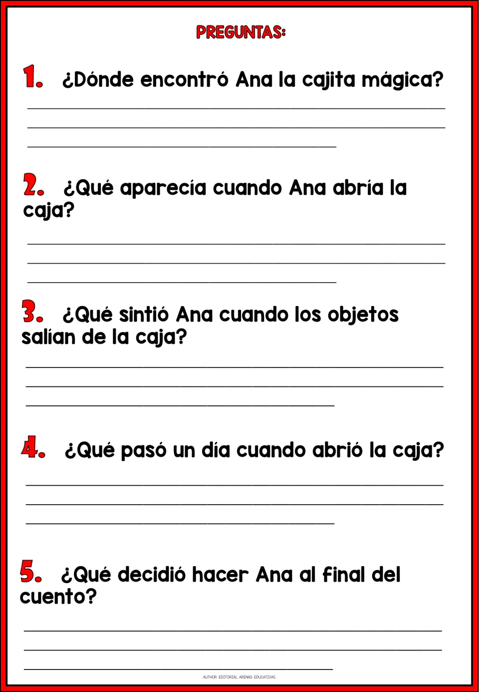 Five Spanish comprehension questions ask where Ana found the box, what came out, and how the story ends