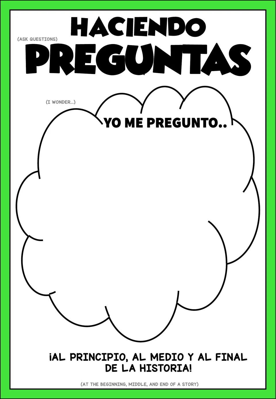 Question organizer uses 'Yo me pregunto' (I wonder) for the beginning, middle, and end of a story