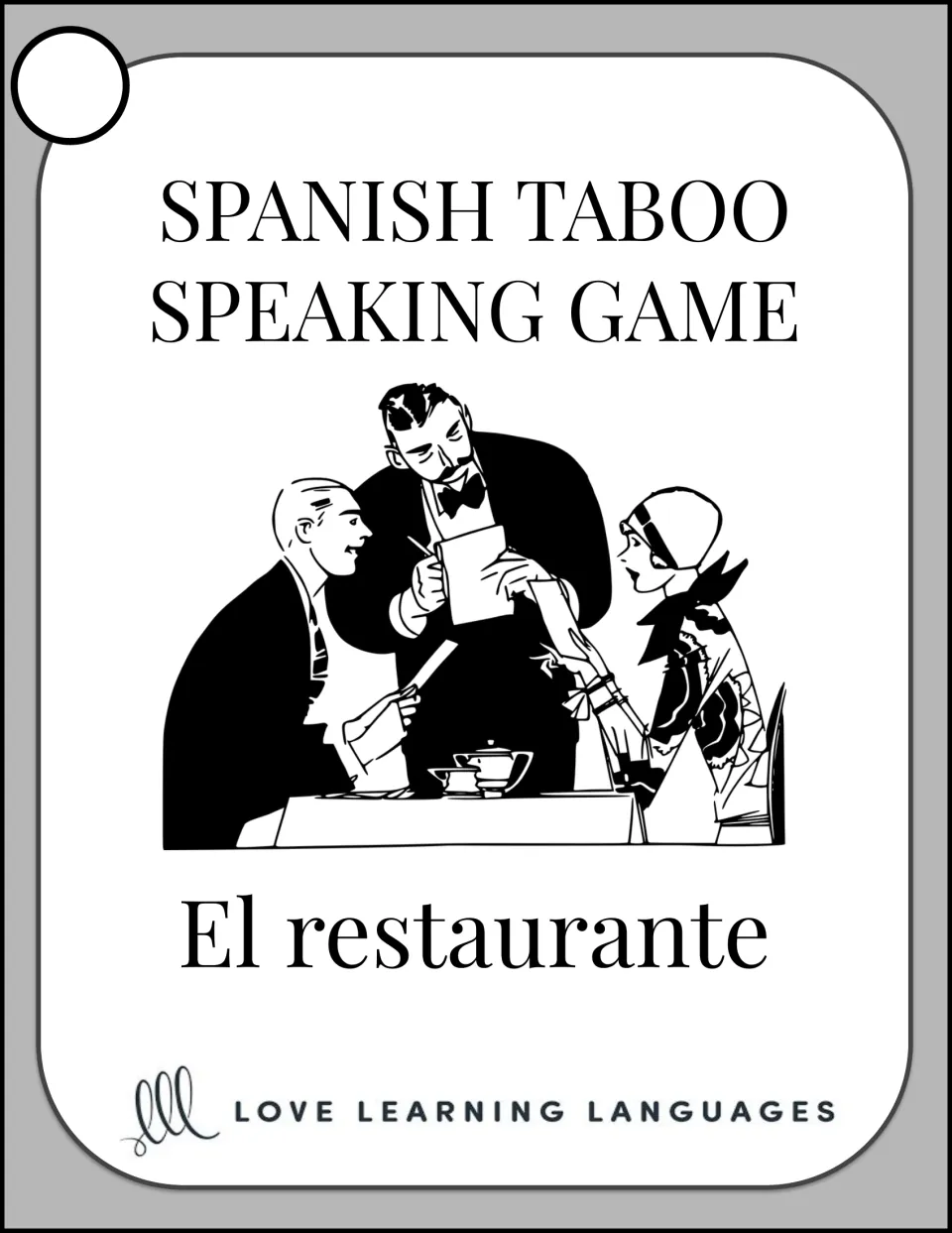 Cover: Spanish Taboo speaking game cards on El restaurante, with a drawing of a waiter taking a couple's order