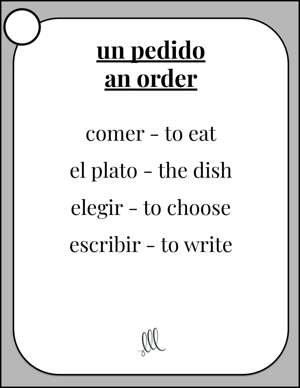 Taboo card: students get partners to guess un pedido (an order) while avoiding comer, el plato, elegir and escribir