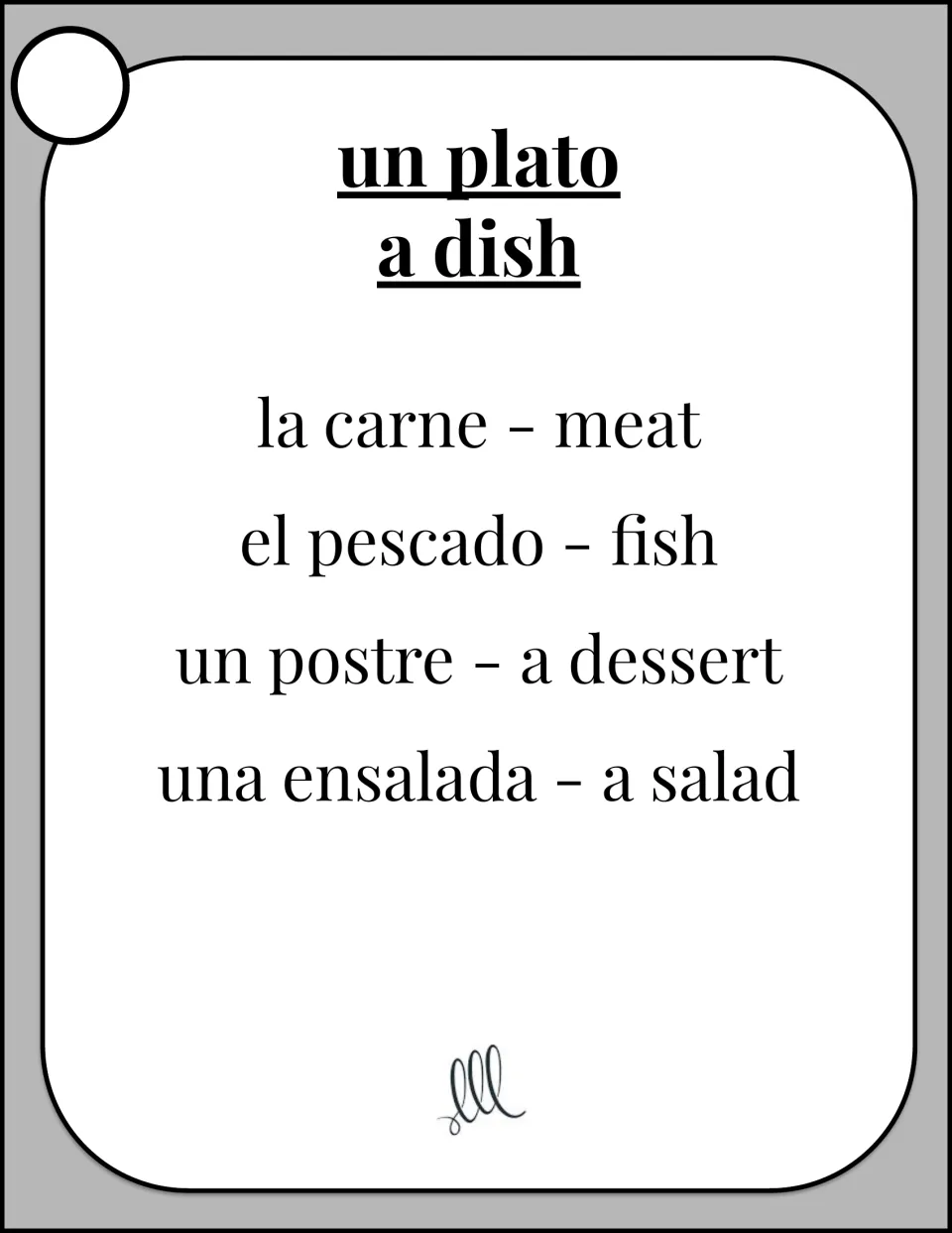 Taboo card for un plato (a dish): describe it in Spanish without la carne, el pescado, un postre or una ensalada