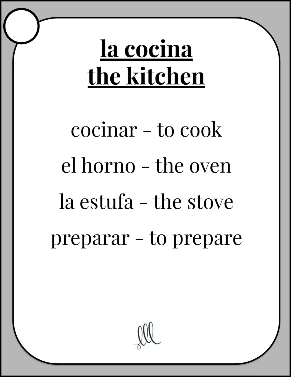 Kitchen card: students describe la cocina (the kitchen) without saying cocinar, el horno, la estufa or preparar