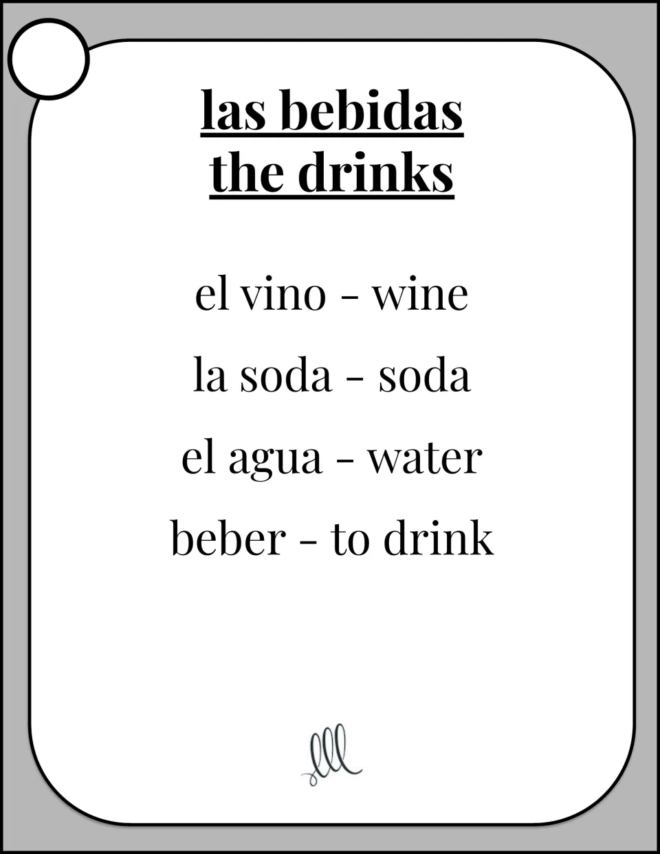 Drinks card: students describe las bebidas (the drinks) in Spanish without saying el vino, la soda, el agua or beber