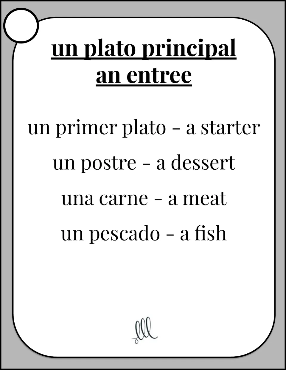 Main course card: describe un plato principal (an entree) avoiding un primer plato, un postre, una carne, un pescado