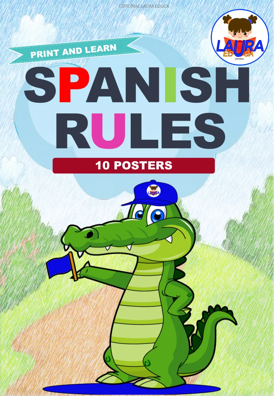Cover of the Spanish classroom rules poster set, labeled “Print and Learn,” “Spanish Rules,” and “10 Posters.”
