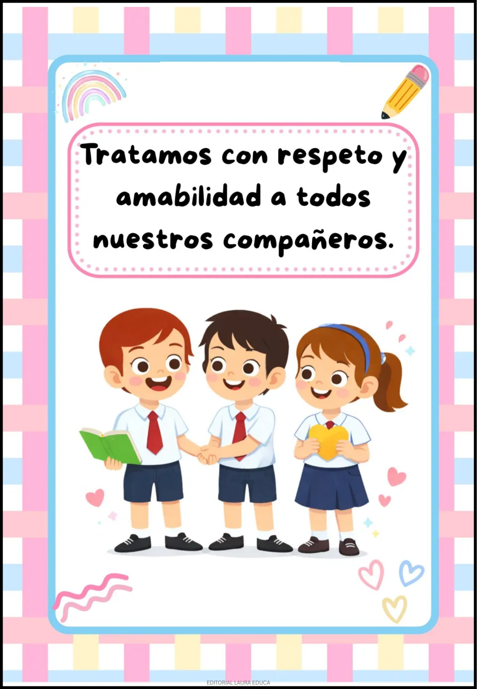 Spanish classroom rule poster about treating all classmates with respect and kindness, with children shaking hands.